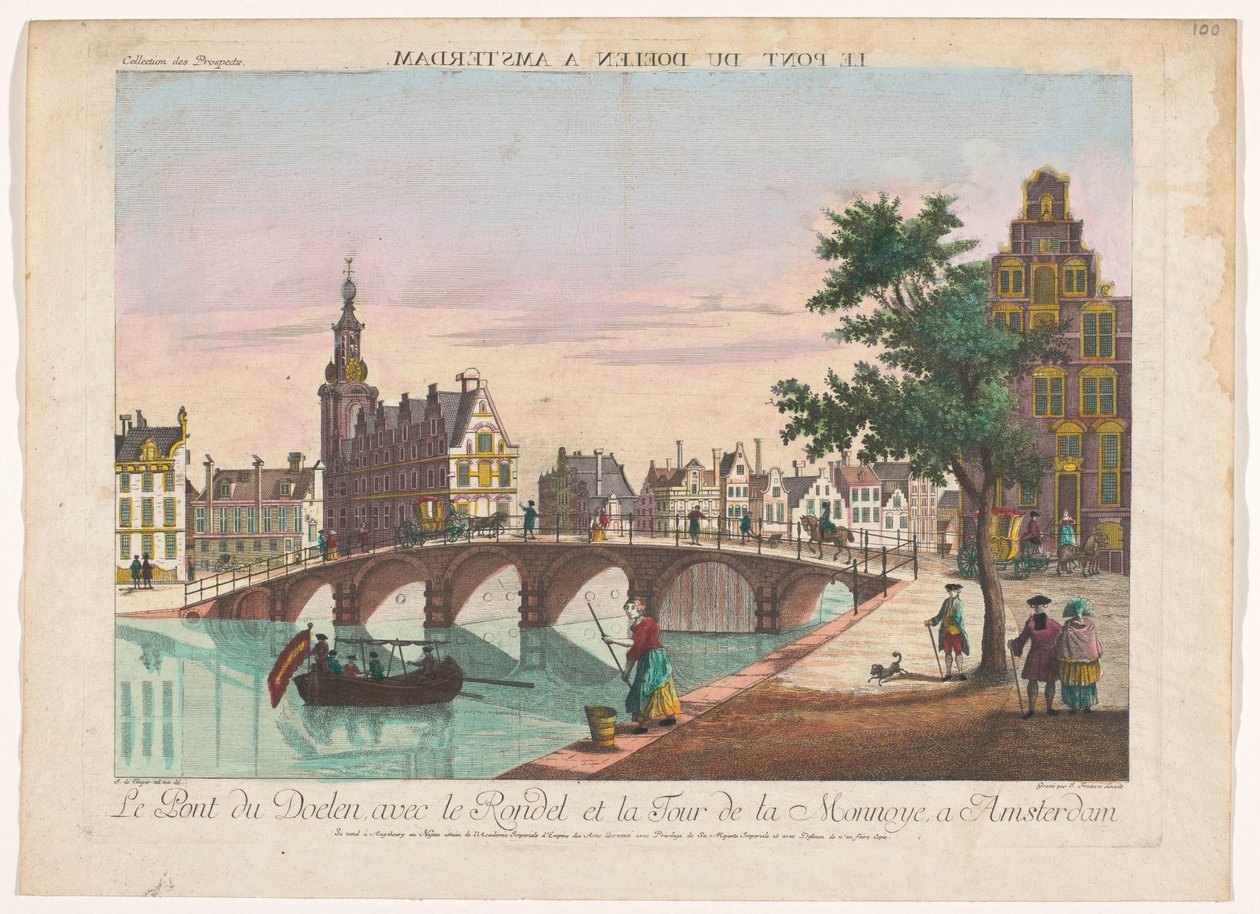 Widok na Doelenbrug nad Amstel w Amsterdamie Le Pont du Doelen a Amsterdam (tytuł na obiekcie) autorstwa Kaiserlich Franziskische Akademie