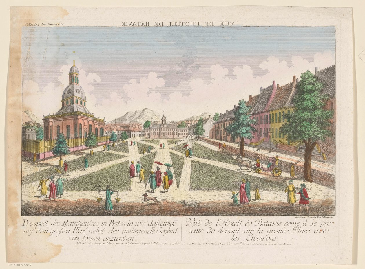 Gezicht op het stadhuis en de Nieuwe Hollandse Kerk te Batavia Perspektywa ratusza w Batavii podobnie jak na dużym placu do zobaczenia wraz z okolicą fornen (tytuł na obiekcie) autorstwa Kaiserlich Franziskische Akademie