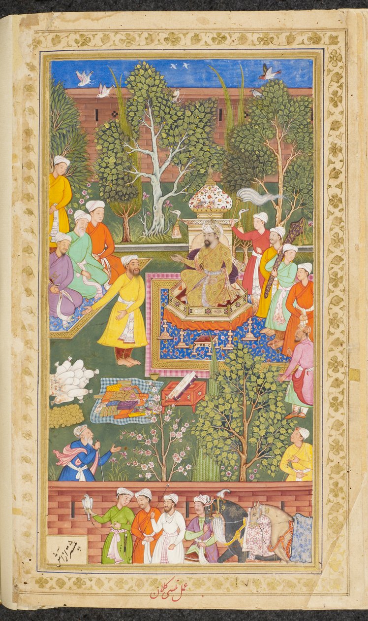 Lub. 3714 t. 4 fol.491v Uczta z udziałem posłów uzbeckich, hinduskich i kizilbaszowych, którzy przynieśli do Babur dary i pieniądze z „Vaki