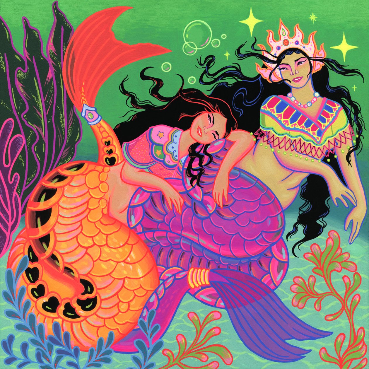 Sapphic Mermaids, 2020 (akryl na desce) autorstwa Kam Tsz