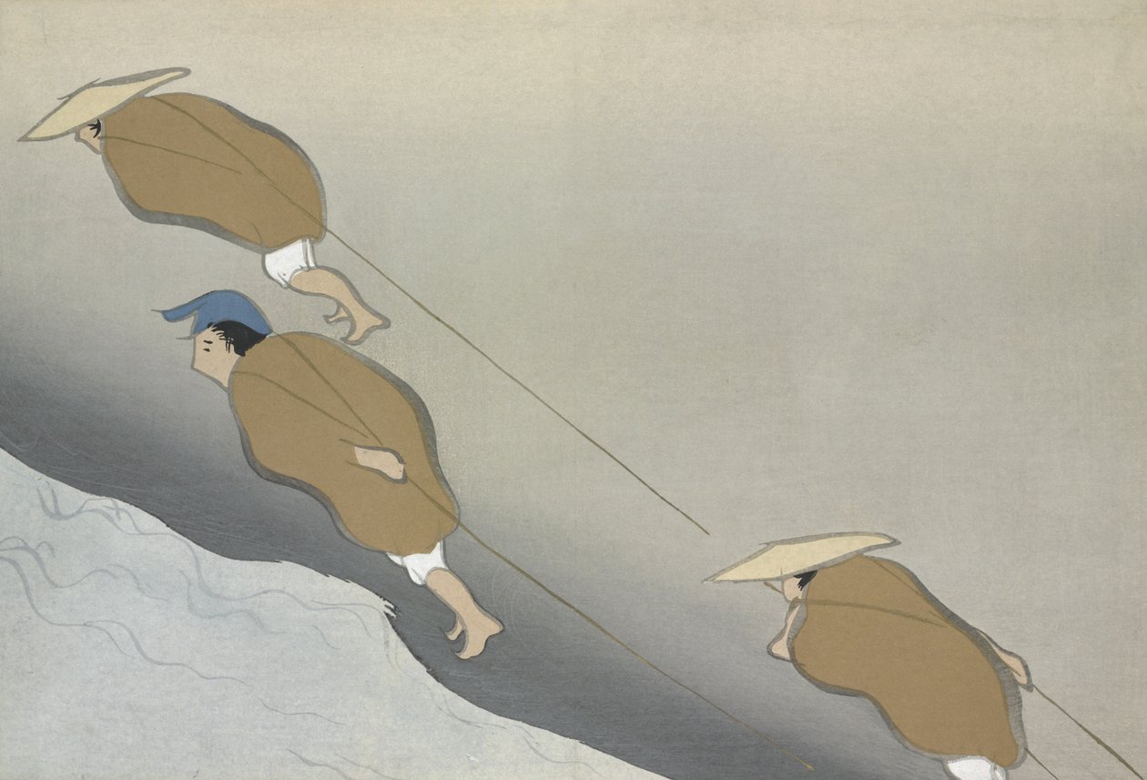 Hikifune, z Momoyo-gusa (Świat rzeczy) t. II, wyd. 1909 (kolorowy drzeworyt blokowy) autorstwa Kamisaka Sekka