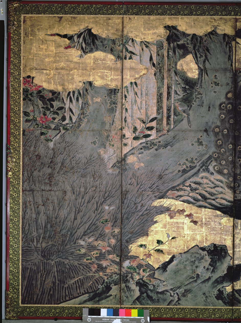 Ptaki i kwiaty czterech pór roku (pióro i atrament, kolor, złoty papier na desce) (patrz 216552, 216553) autorstwa Kano Soshu