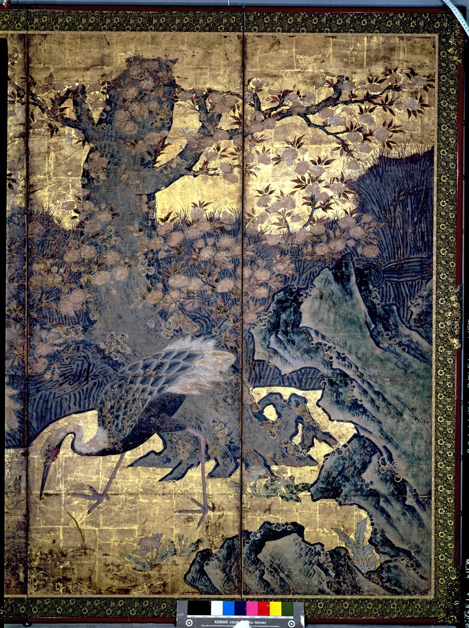 Ptaki i kwiaty czterech pór roku (pióro i tusz, kolor, papier złoty na płycie) (zob. 216555, 216554) autorstwa Kano Soshu