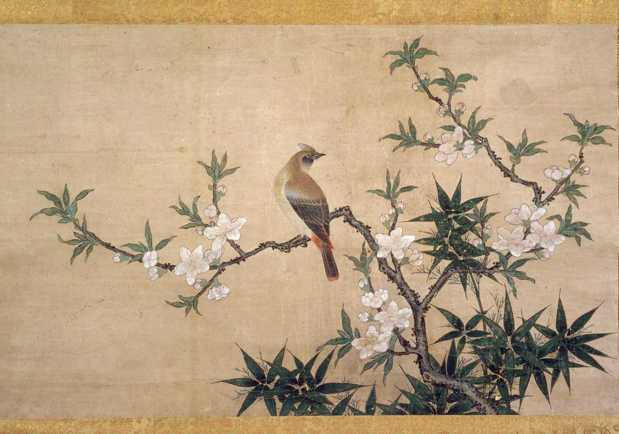 Ptak na kwiatku brzoskwini, ok.1550-60 (akwarela na papierze) autorstwa Kano Yukinobu