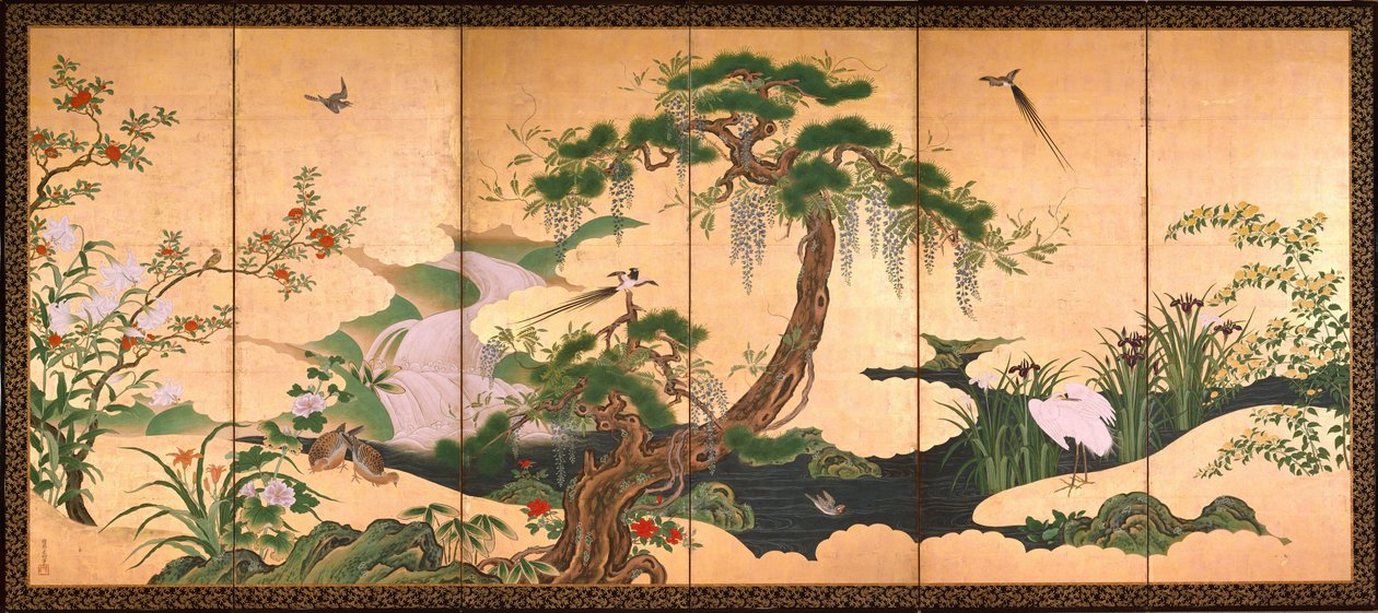Ptaki i kwiaty wiosny i lata - Eino, Kano (1631-1697) - II poł. - Akwarela i tusz na papierze - 153x361 - Suntory Museum of Art autorstwa Kano Eino