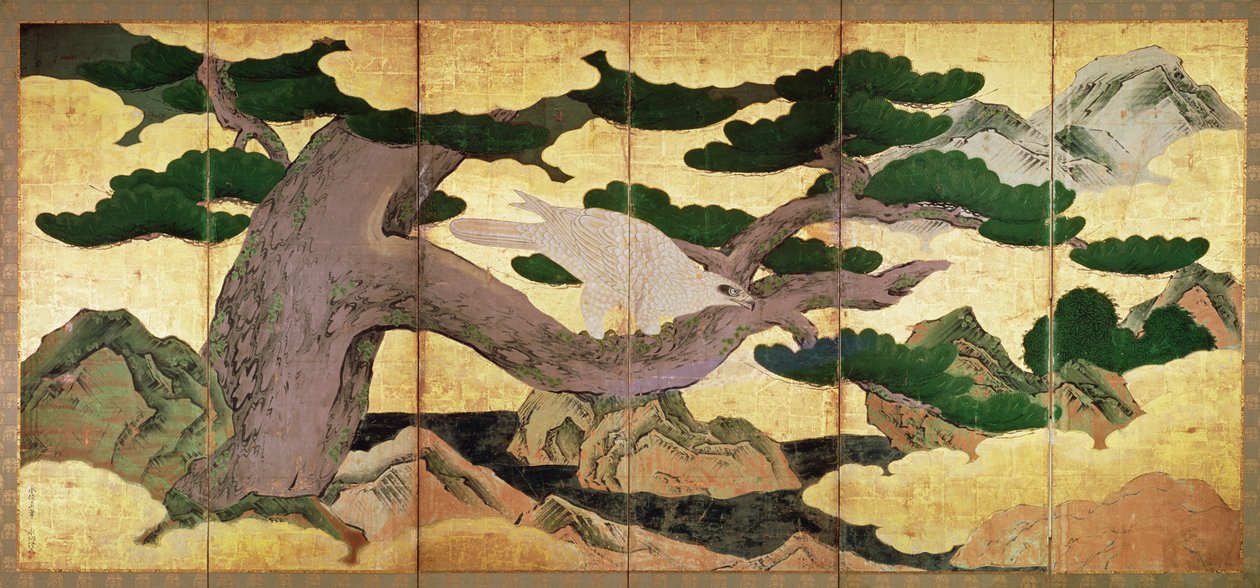 Hawks in the Pines, 6-panelowy parawan (pióro i atrament, kolor, złoto na panelu) (patrz 216562) autorstwa Kano Eitoku