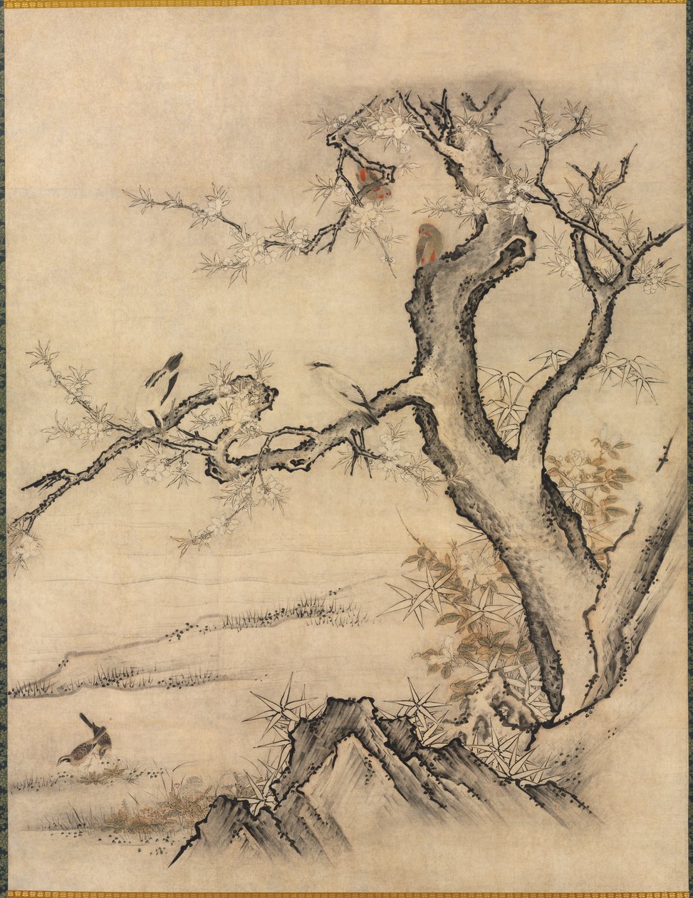 Kwiaty i ptaki w wiosennym krajobrazie, 1500s. autorstwa Kano Motonobu