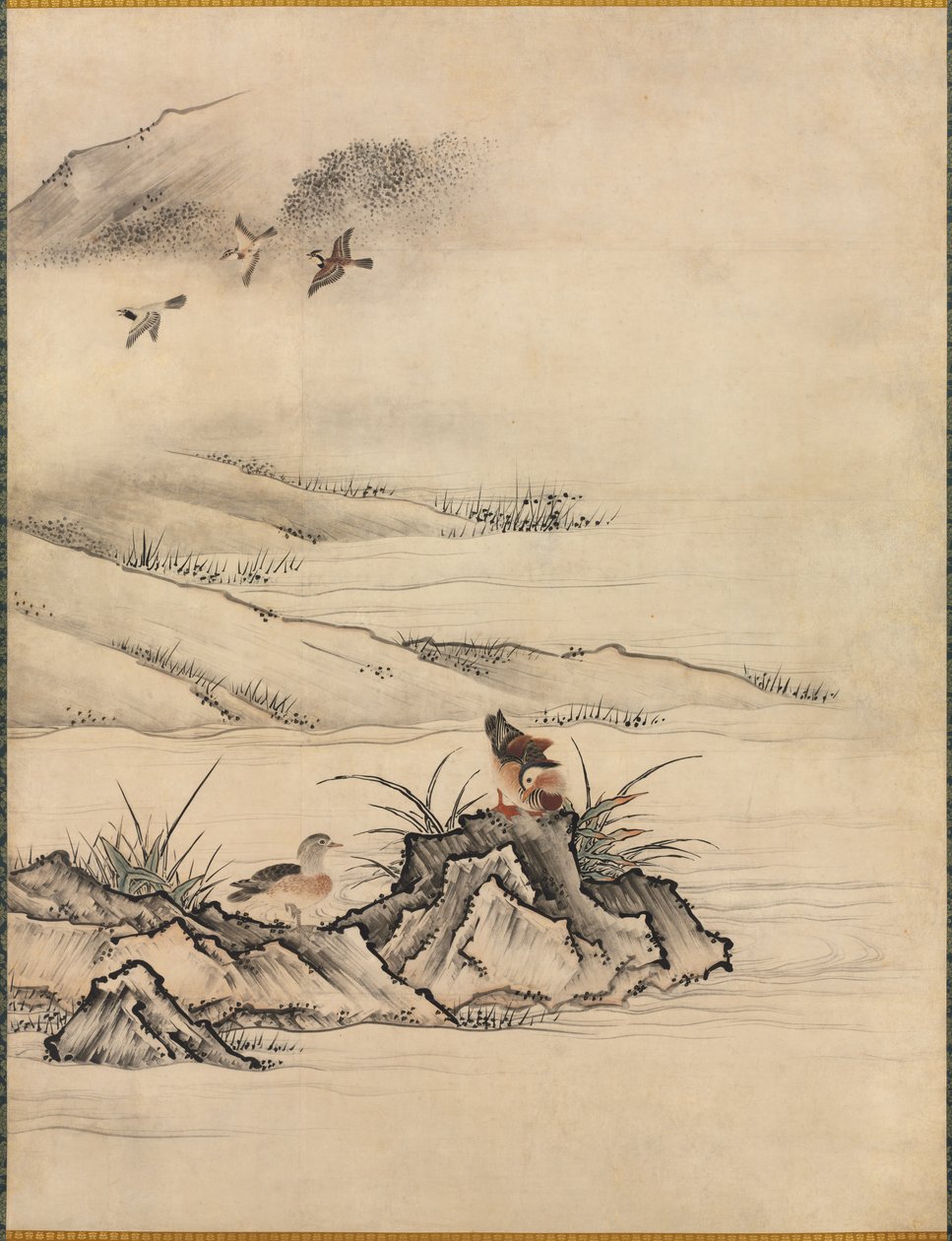 Kwiaty i ptaki w wiosennym krajobrazie, 1500s. autorstwa Kano Motonobu