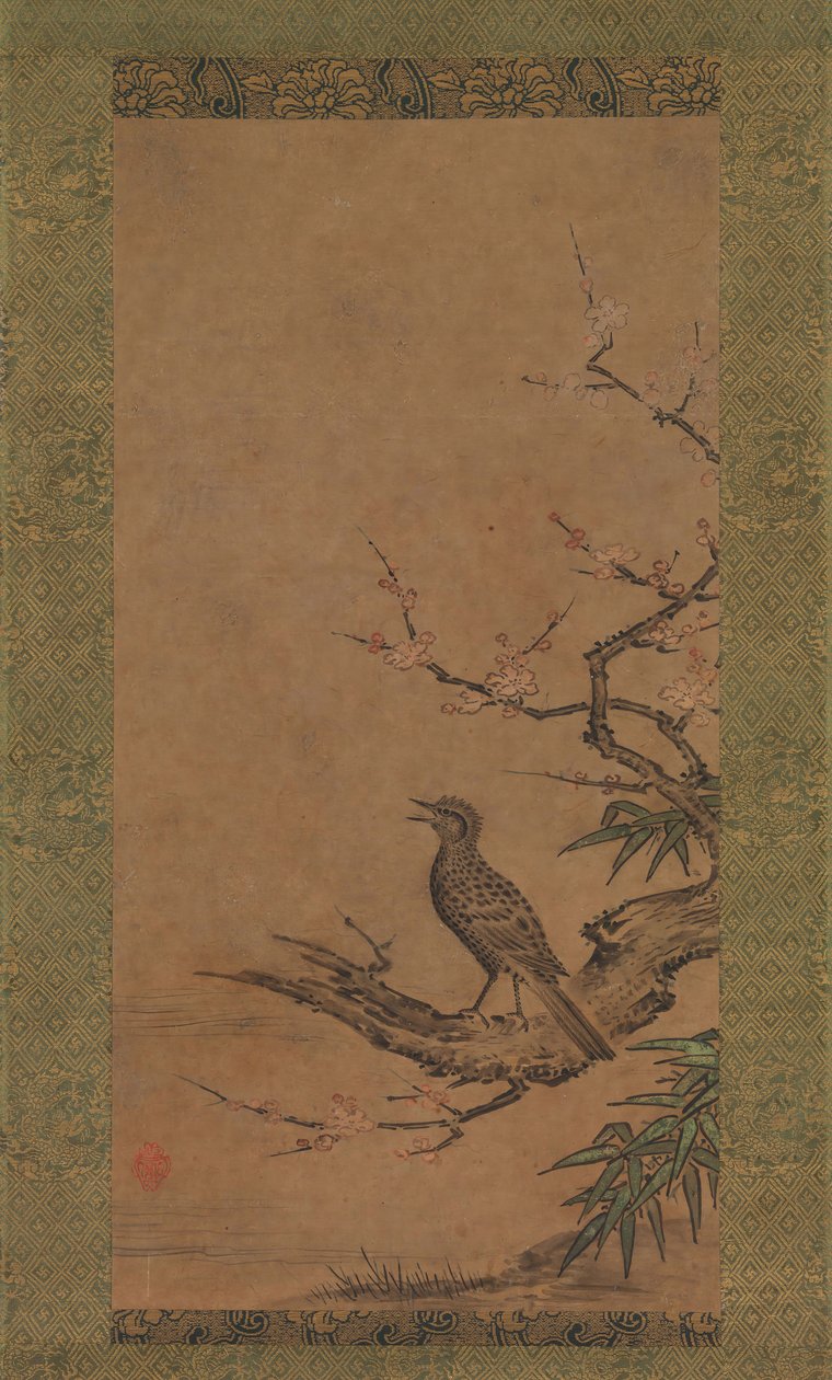 Brown-Eared Bulbul Hiyodori na gałęzi śliwki, połowa do końca XVI wieku. autorstwa Kano Shoei