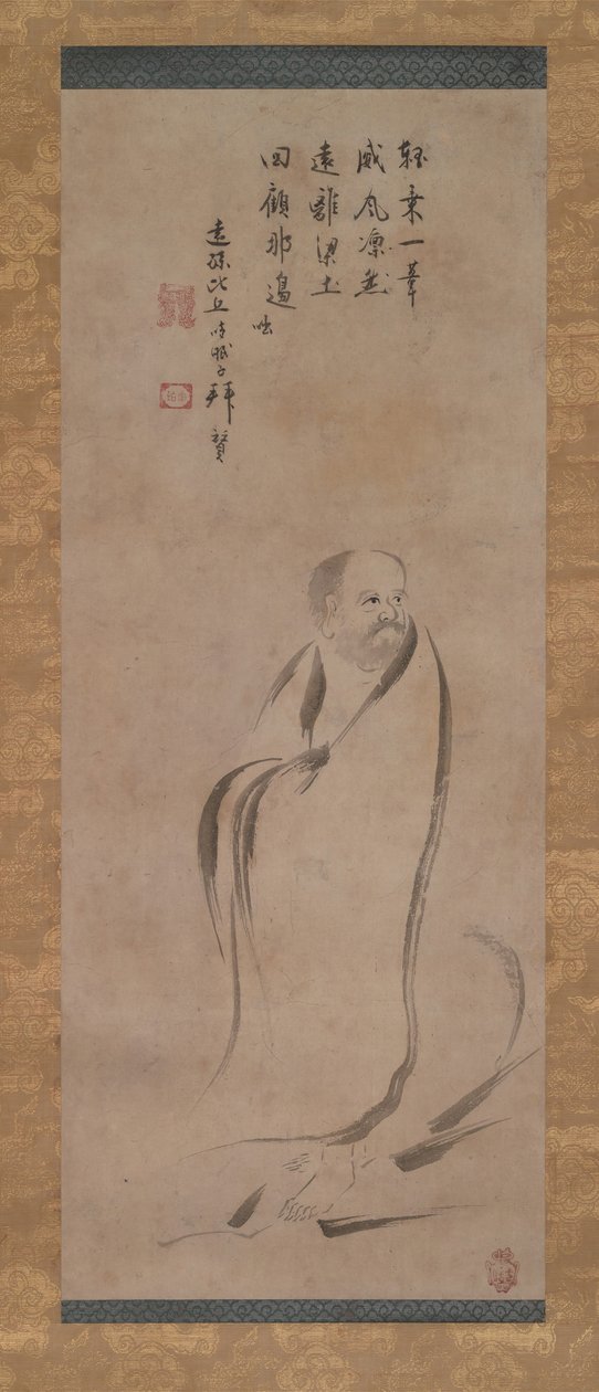 Bodhidharma Przekraczanie rzeki Jangzi na trzcinie, koniec XVI wieku. autorstwa Kano Soshu