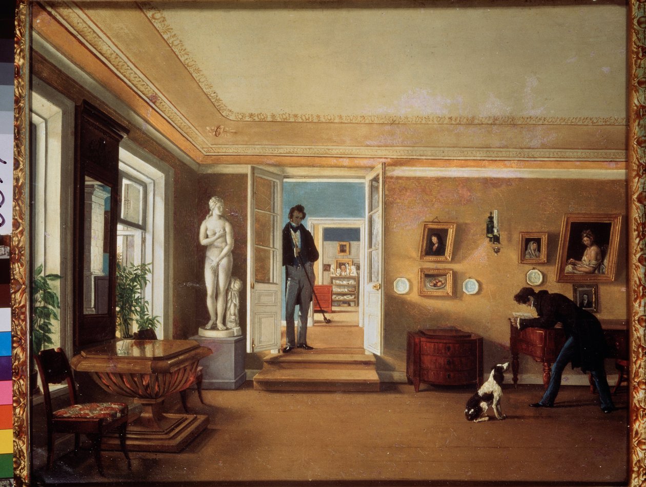 W pokoju (Mężczyzna bawi się z psem, a inny go obserwuje) - W pokoju - Obraz Kapitona Aleksiejewicza Zelentsowa (1790-1845), olej na płótnie - Sztuka rosyjska autorstwa Kapiton Alekseevich Zelentsov