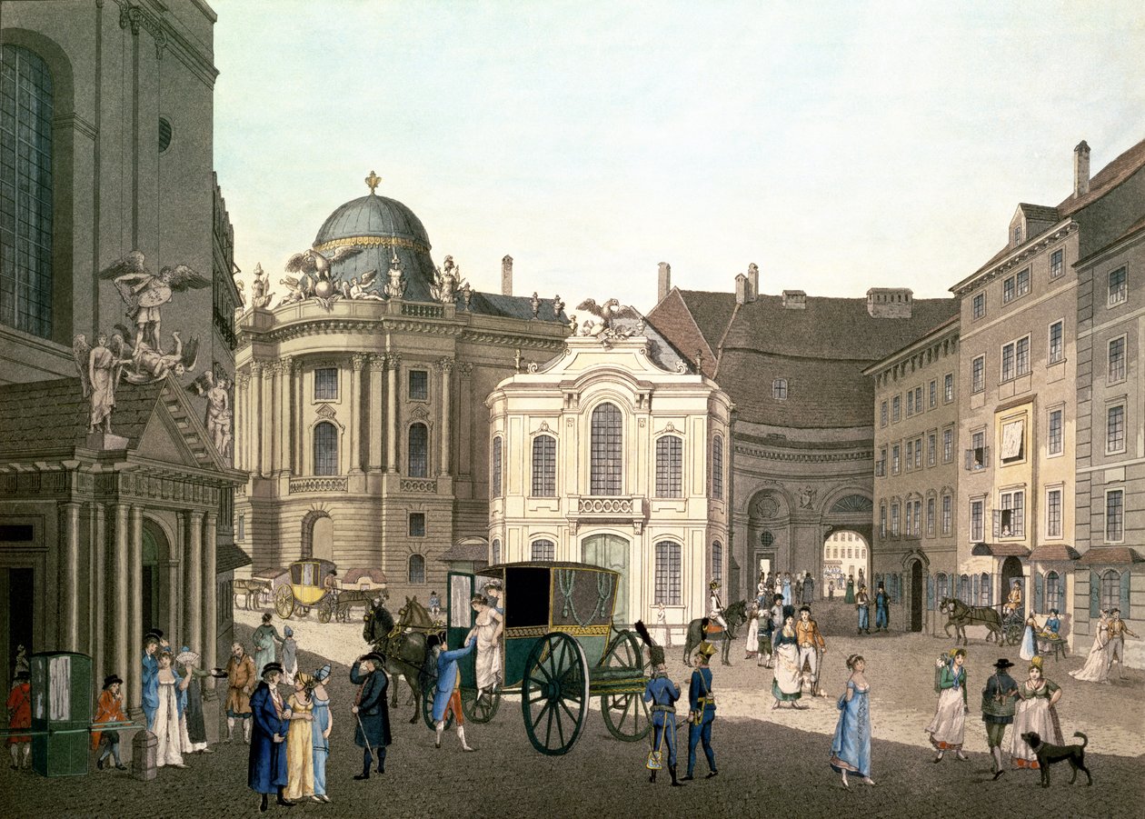 Widok na Michaelerplatz ze Starym Burgtheater (ręcznie barwiony grawerunek) autorstwa Karel Postl