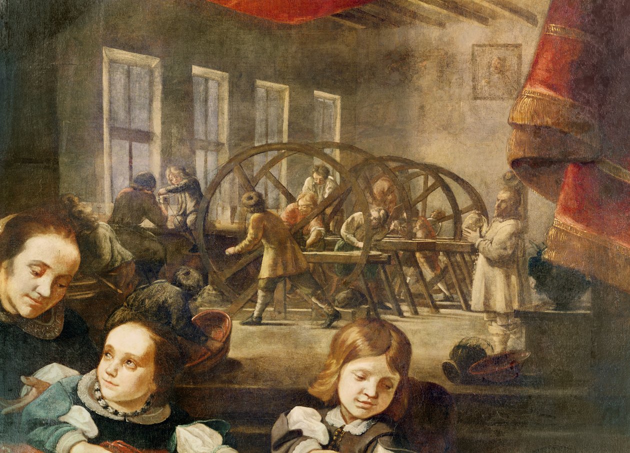 Detal z portretu szlifierza kamieni szlachetnych Dyonisa Miseroniego i rodziny, przedstawiający grawerowanie na szkle w jego warsztacie, 1653 autorstwa Karel Škréta