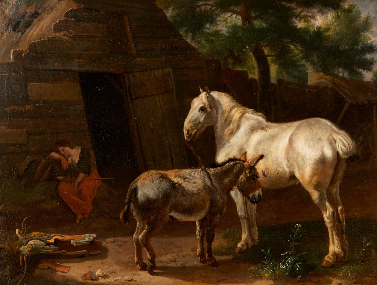 The Sleeping Farm Girl (óleo sobre painel) polonês autorstwa Karel (attr.to) Dujardin