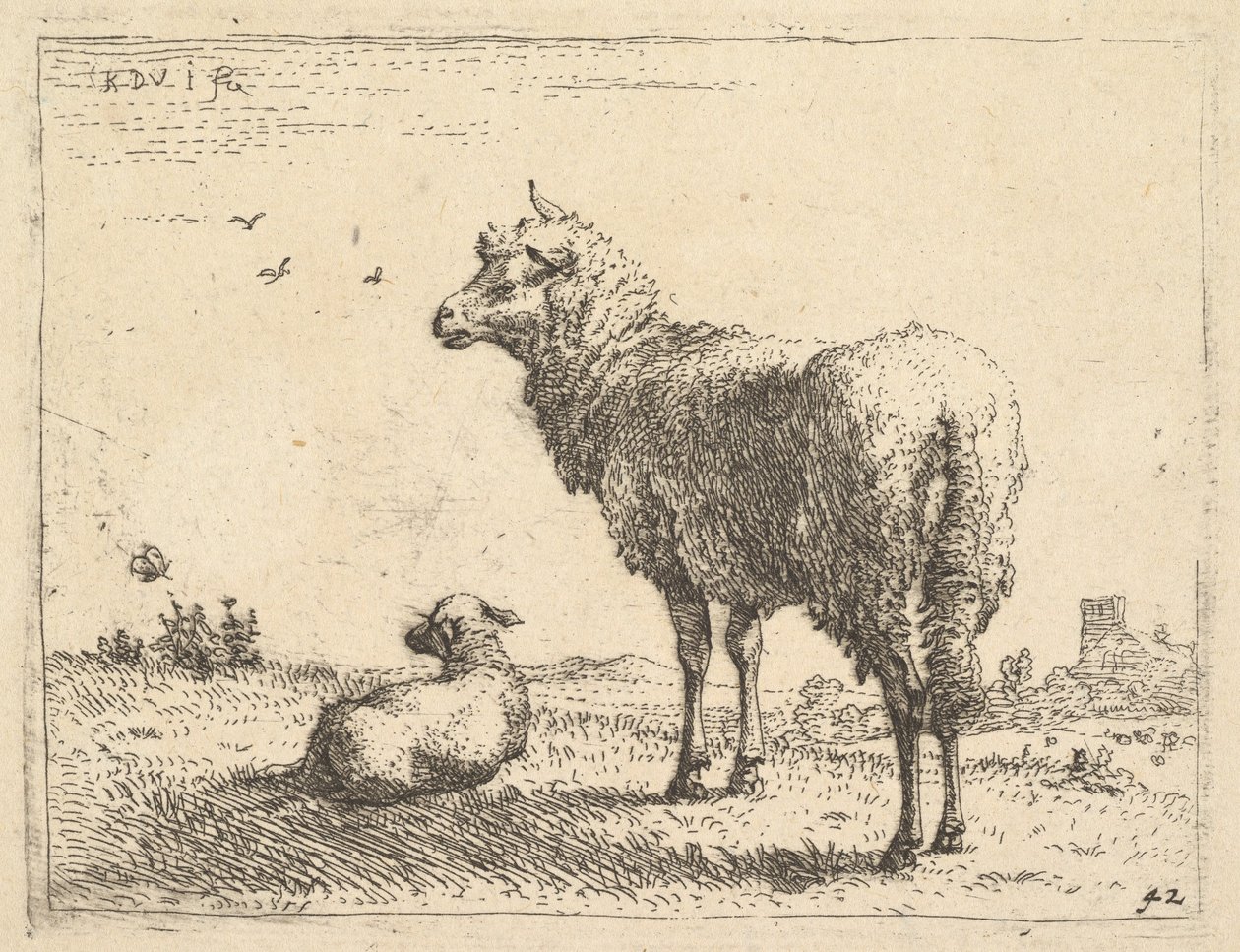 Dojrzała owca w widoku w trzech czwartych stojąca i patrząca w lewo, obok niej leży jagnię..., ca. 1655. autorstwa Karel Du Jardin