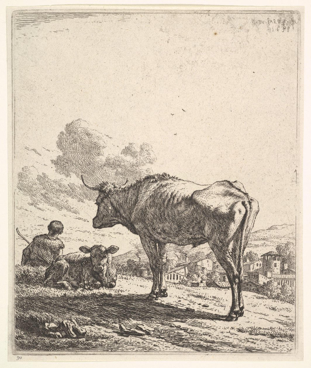 Pasterz z krową i cielęciem na zboczu wzgórza, oglądany od tyłu i siedzący w ..., 1658 r. autorstwa Karel Du Jardin