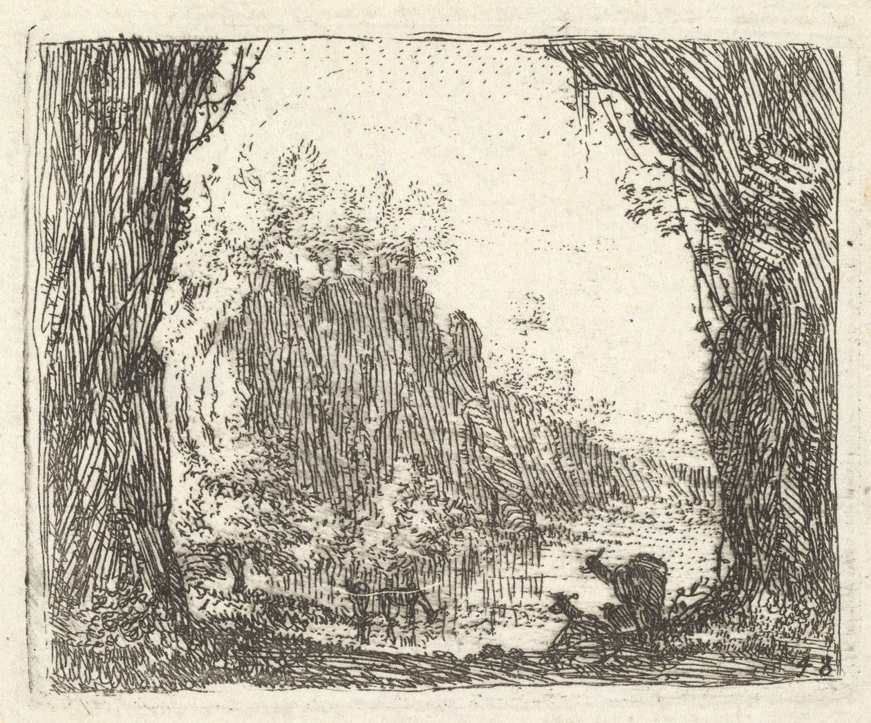 Krajobraz otoczony drzewami na pierwszym planie po lewej i prawej stronie, sylwetki dwóch goa..., ca. 1641-78. autorstwa Karel Du Jardin