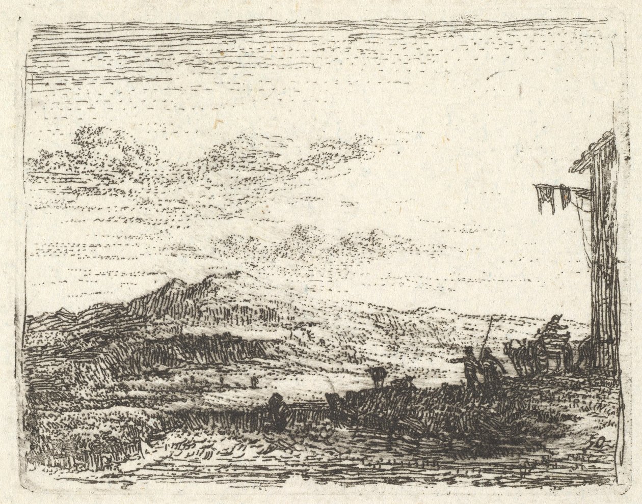 Pejzaż z narożnikiem budynku i markizą po prawej stronie, dwie postacie i koń-..., ca. 1641-78. autorstwa Karel Du Jardin