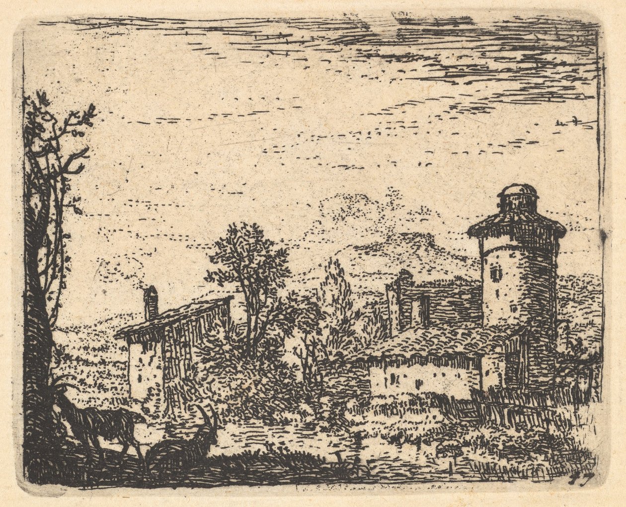 Krajobraz z dwoma rogatymi kozami w cieniu na lewym pierwszym planie, wiejskie zabudowania bey..., ca. 1641-78. autorstwa Karel Du Jardin