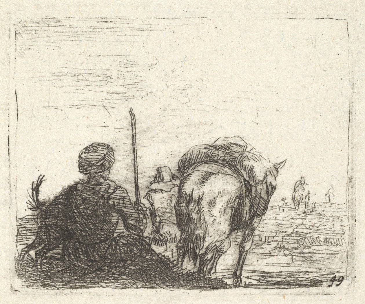 Koń juczny, siedzący mężczyzna z laską w prawej ręce i pies, wszystko widziane od tyłu..., ca. 1641-78. autorstwa Karel Du Jardin