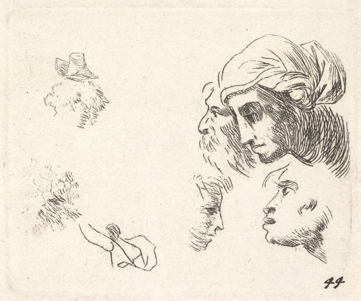 Studium głów z profilu, kobieta z nakryciem głowy i brodatym mężczyzną, którego głowy ..., ca. 1641-78. autorstwa Karel Du Jardin