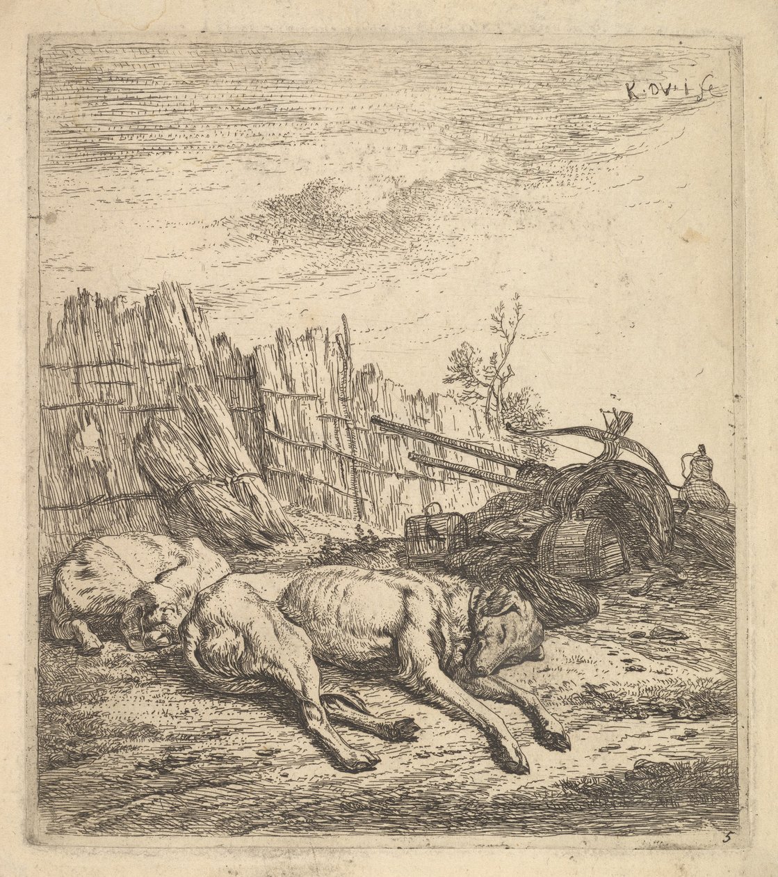Dwa psy śpiące na ziemi, pług, sprzęt rolniczy, pęki słomy i...,ok. 1641-78. autorstwa Karel Du Jardin