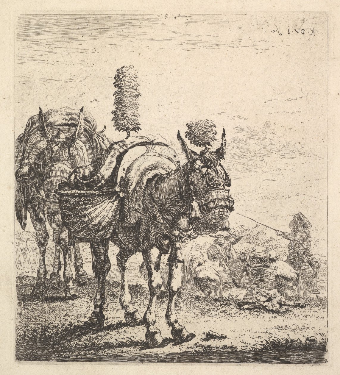 Dwa muły z sakwami i wyposażone w klapki, pióropusze i frędzle, jeden mu..., ca. 1641-78. autorstwa Karel Du Jardin