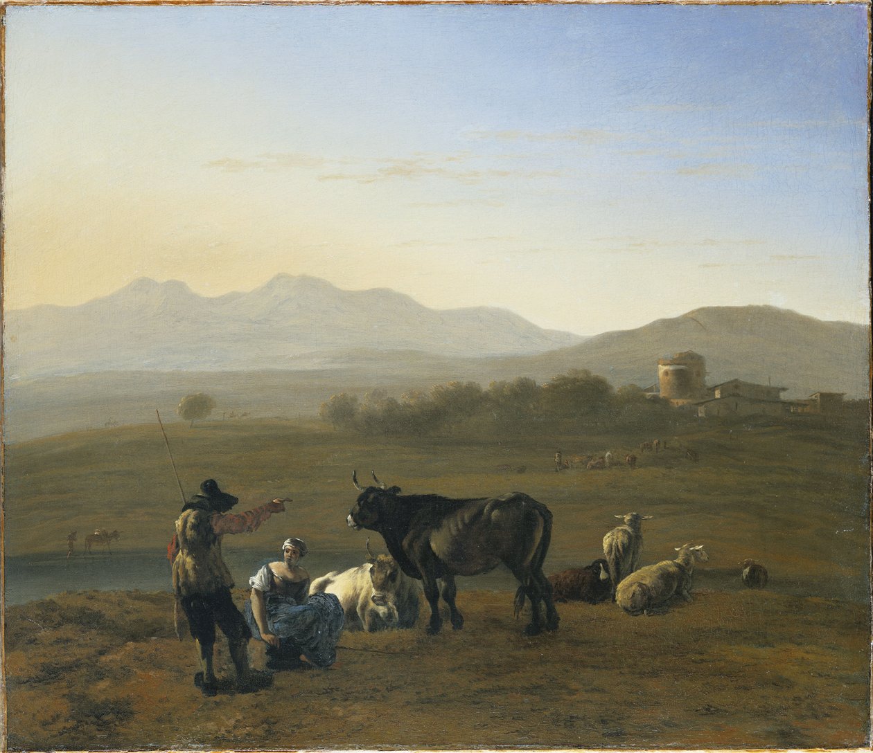 Rozległy krajobraz w rzymskiej Kampanii, z bydłem i pasterzami, 1975 autorstwa Karel Dujardin
