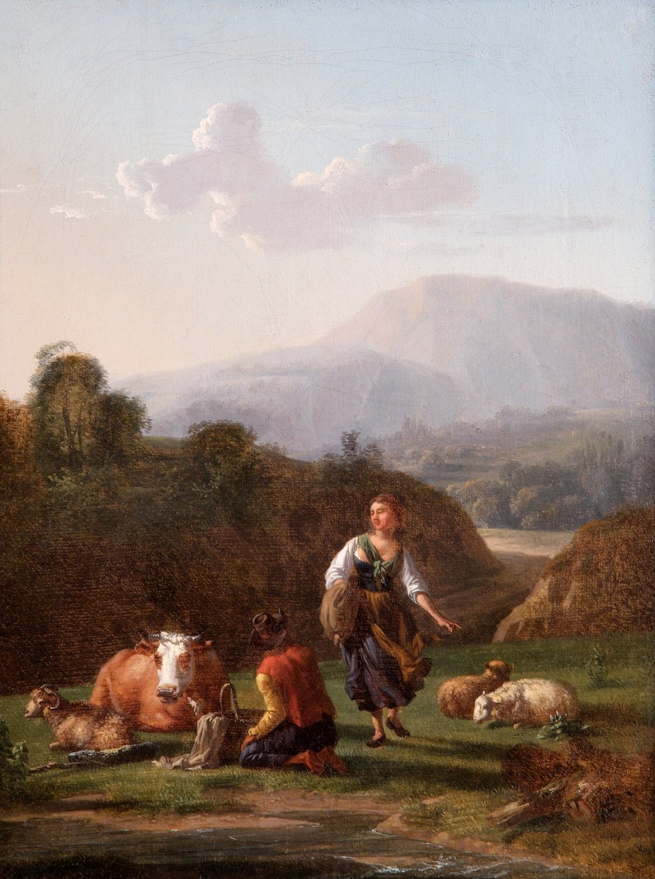 The River Bank: Krajobraz z postaciami i bydłem (olej na płótnie) autorstwa Karel Dujardin