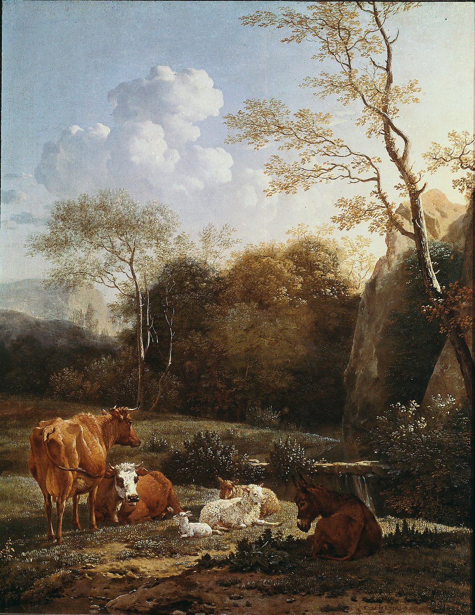 Bocage zwierząt w pobliżu strumienia. Obraz Karela Dujardina (1622-1678) 1656 Nd. 52x43 cm Paryż, Musee du Louvre autorstwa Karel Dujardin
