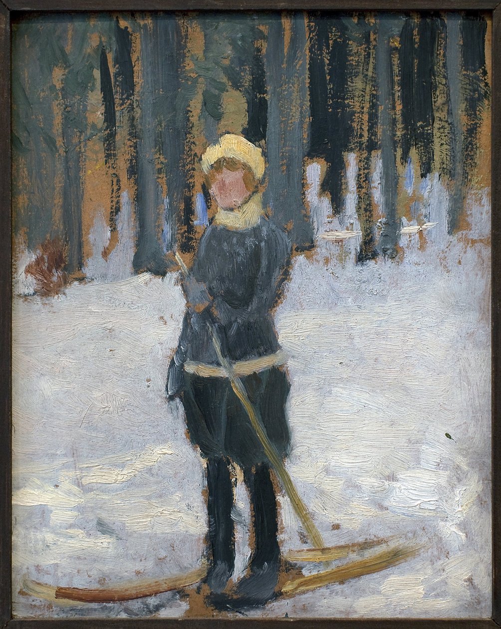 Kobieta na nartach w lesie. Grafika: Karel Spillar (1871-1939), olej na tekturze autorstwa Karel Spillar