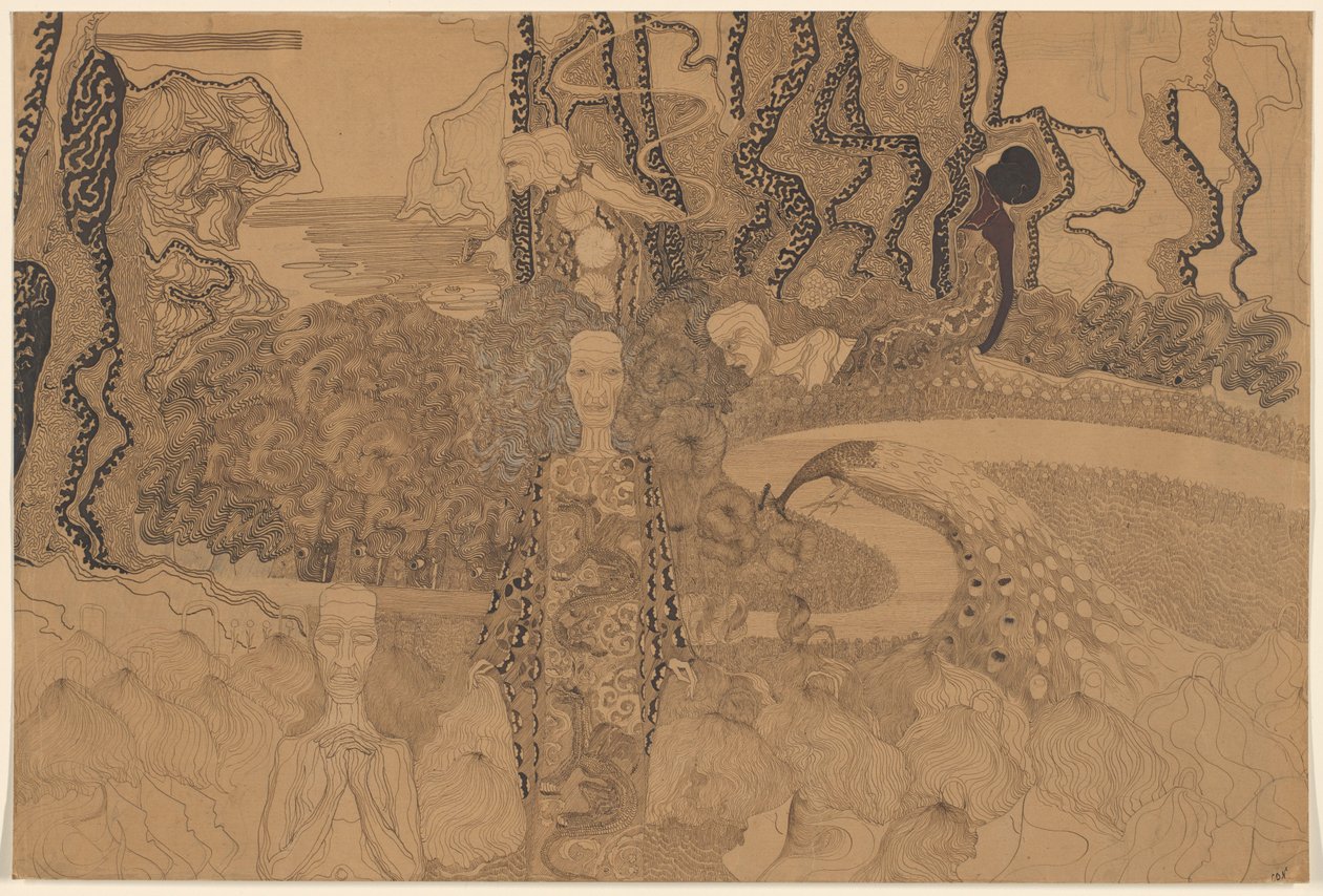Alegoryczne przedstawienie z postaciami i pawiem w ogrodzie autorstwa Karel de Nerée tot Babberich (signed by artist)