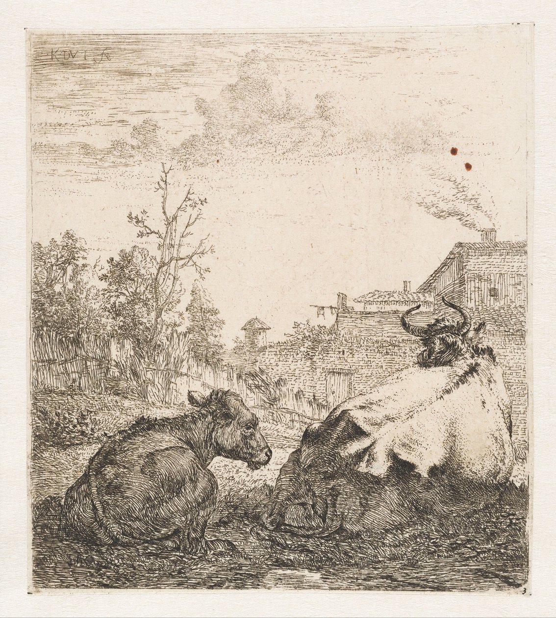 Leżąca krowa z łydką Zwierzęta (tytuł serii) autorstwa Karel du Jardin (signed by artist)