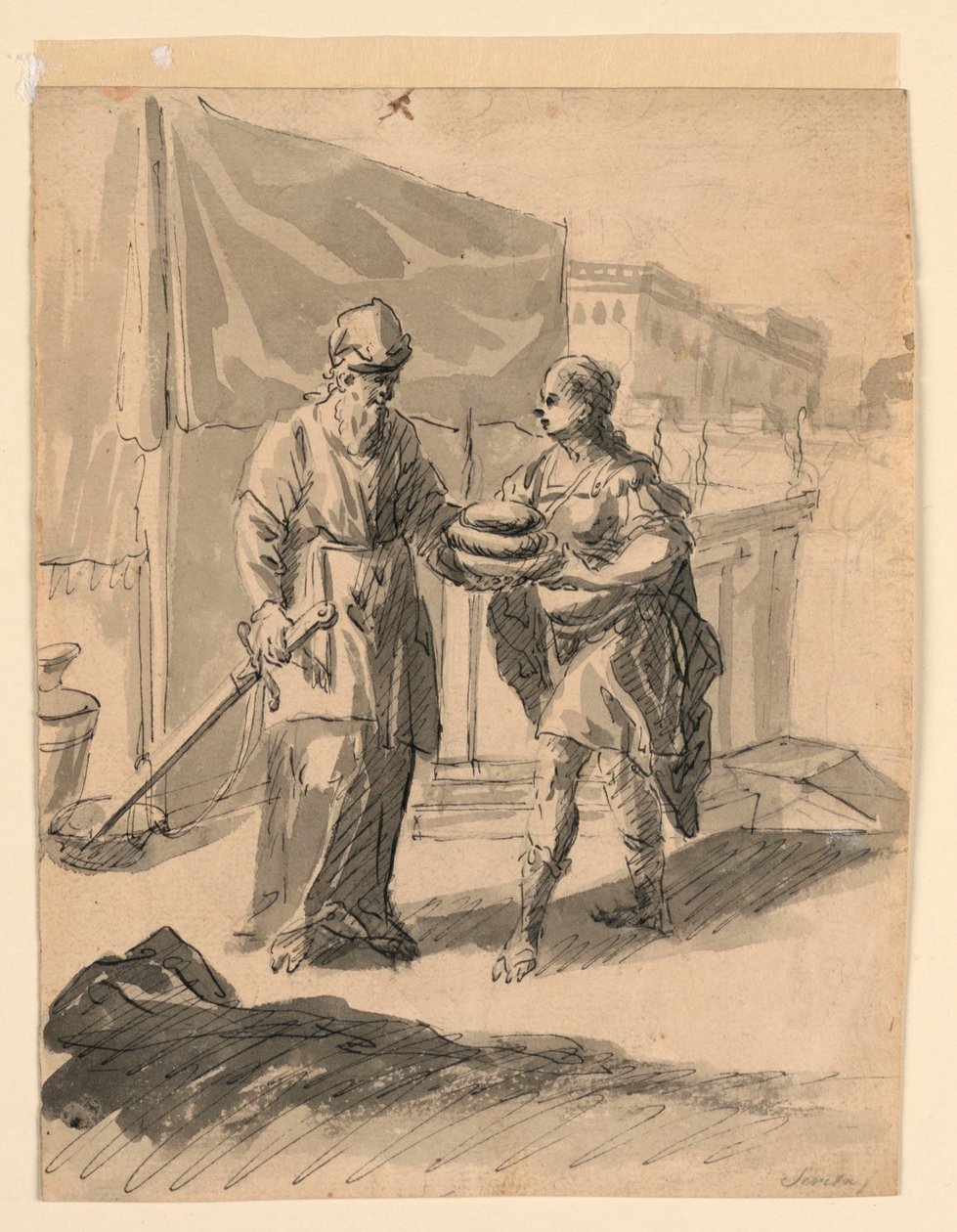 Rysunek przedstawiający postać wręczającą bochenki generałowi, ok. 1650 r. autorstwa Karel Škréta
