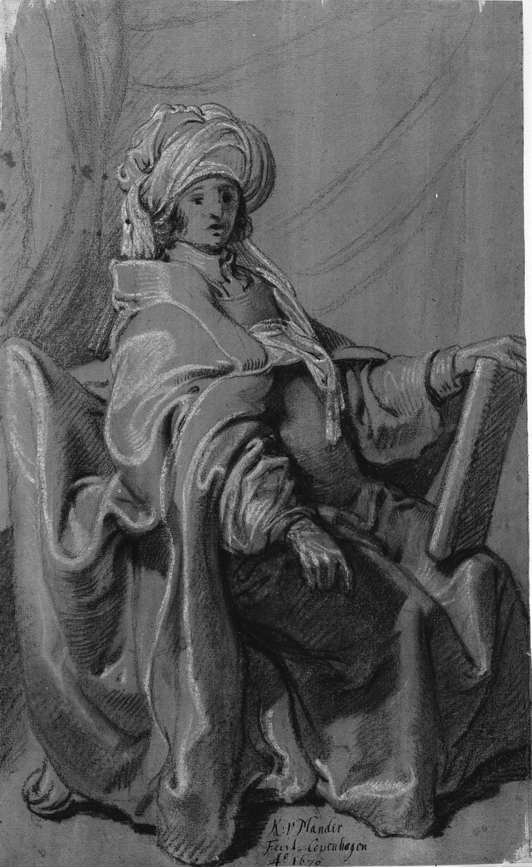 Siedząca postać w płaszczu i turbanie, trzymająca książkę. W prawo. autorstwa Karel van III Mander