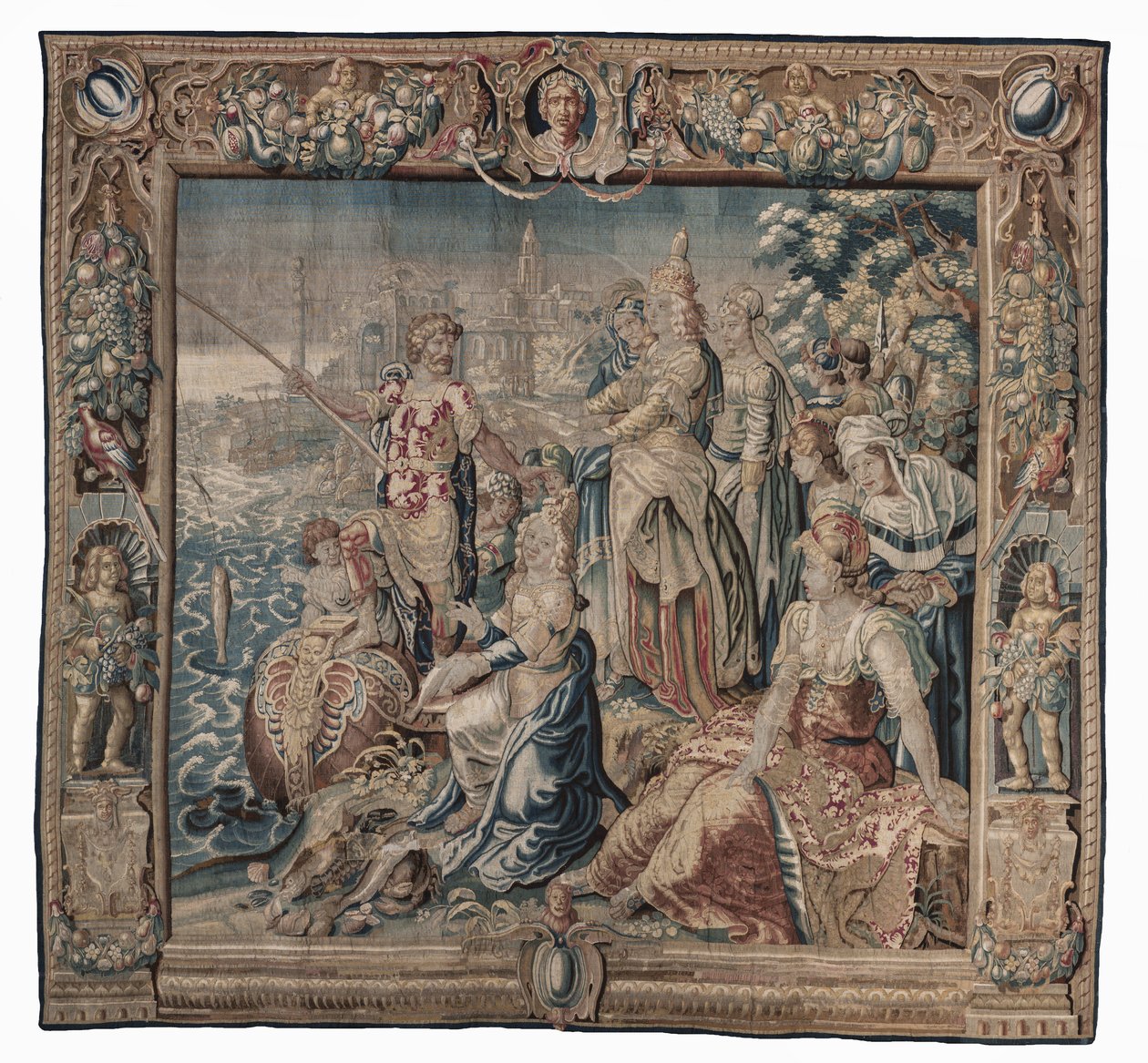 Antoniusz i Kleopatra (Antoniusz łapie soloną rybę); gobelin, data nieznana (wełna | ołówek) autorstwa Karel van II Mander