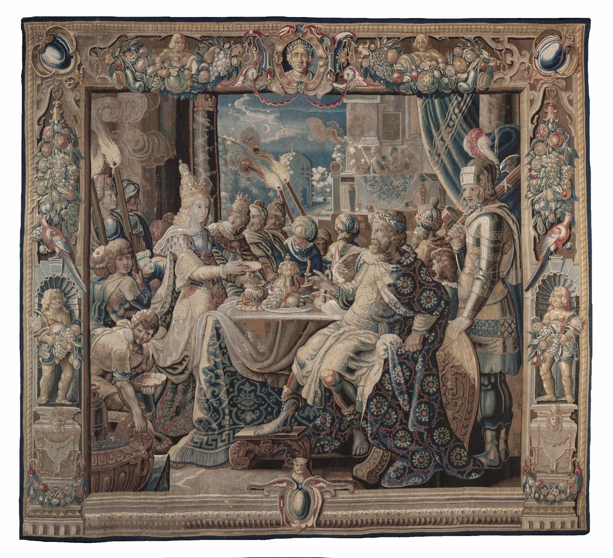 Cleopatra Entertains Antony; gobelin, około 1640 (wełna i jedwab o splocie płóciennym z wełnianą osnową gobelinu) autorstwa Karel van II Mander