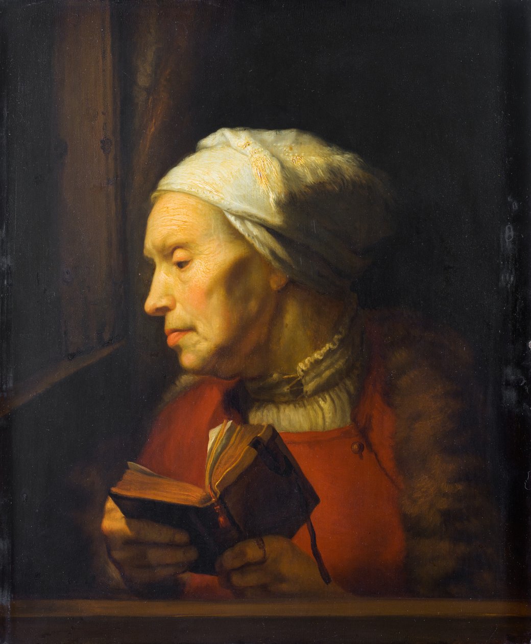 Portret starej kobiety trzymającej otwartą książkę autorstwa Karel van der Pluym