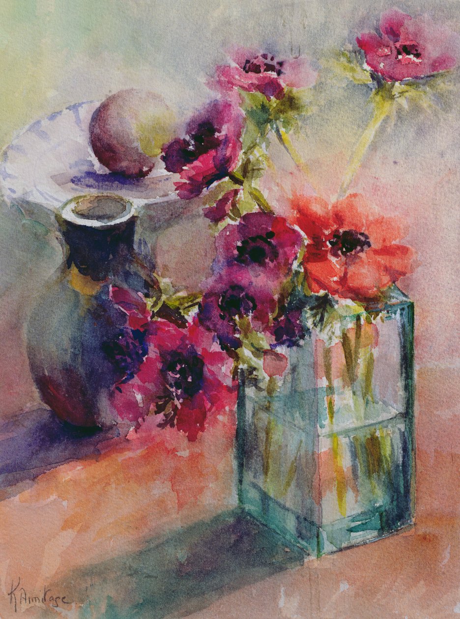 Zawilce w zielonym szklanym wazonie, 2002 autorstwa Karen Armitage