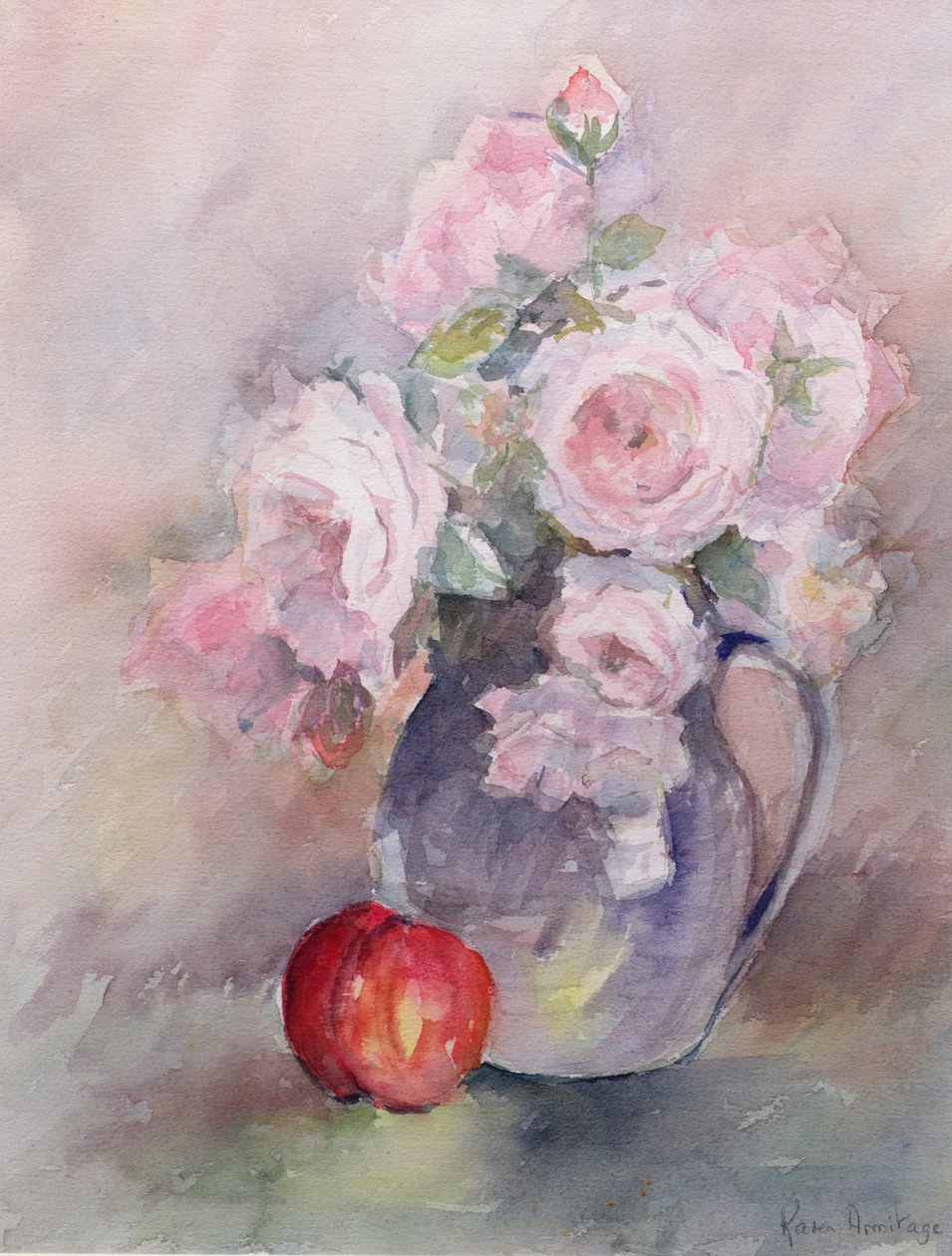 Różowe róże w niebieskim dzbanku, 1994 (wc) autorstwa Karen Armitage