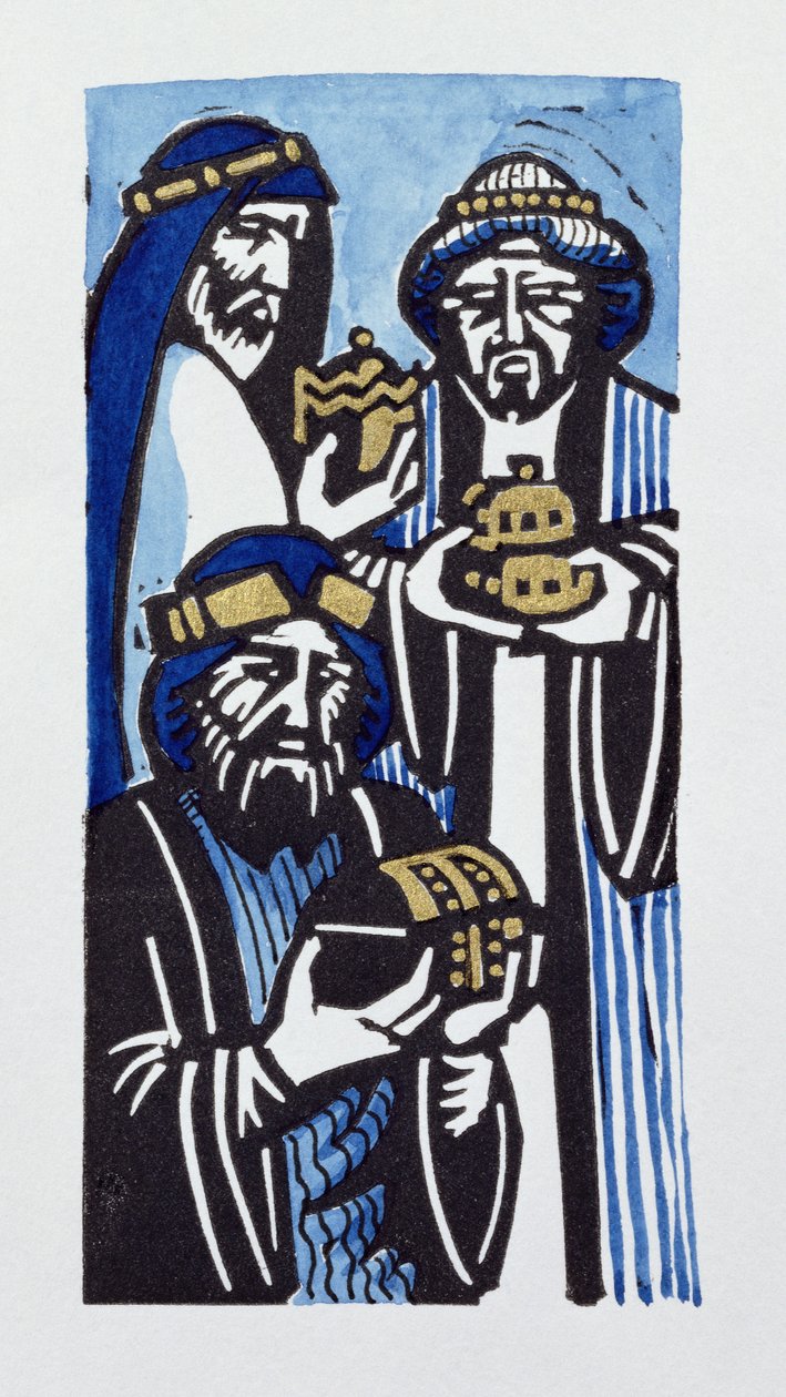 Trzej Królowie, 1998 (linoryt i toaleta na papierze) autorstwa Karen Cater