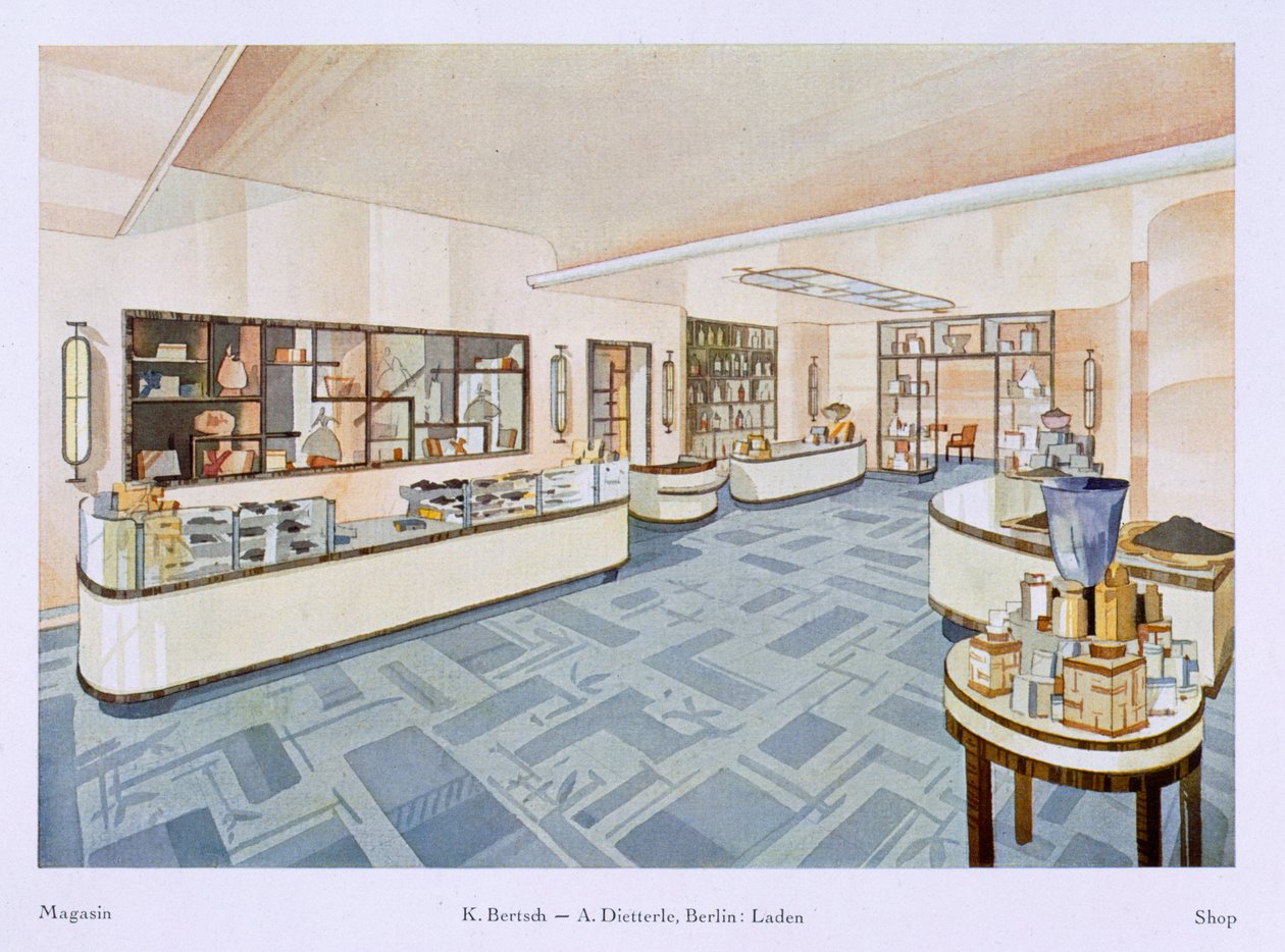 Sklep z perfumami, ilustracja z "Wnętrza Nowoczesne w kolorze", 1929 autorstwa Karl Bertsch