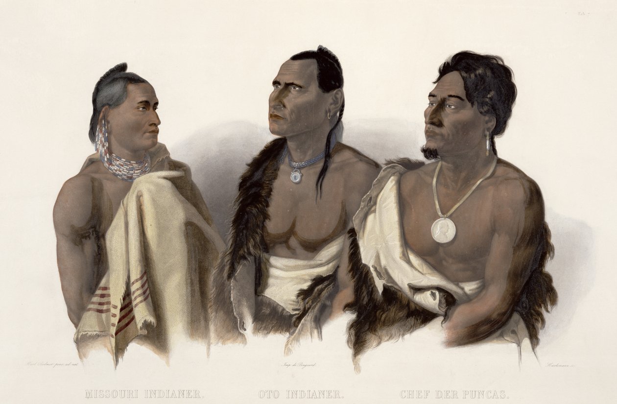 Indianin z Missouri, Indianin Oto i wódz Puncas, tablica 7 z „Podróże po wnętrzu Ameryki Północnej”, ryt. J. Hurlimann, 1844 (akwatinta) autorstwa Karl Bodmer