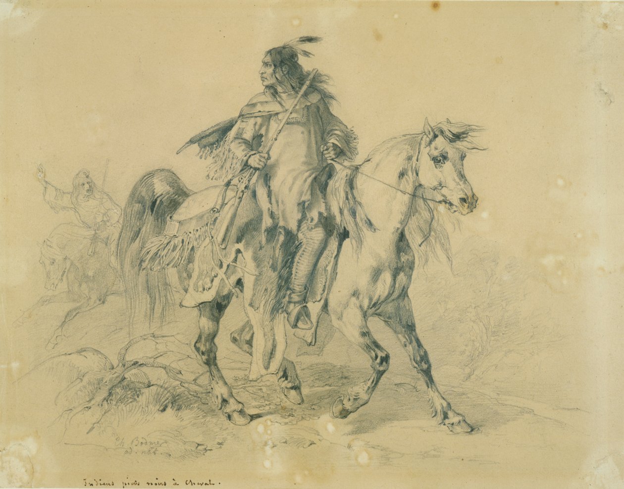 Wojownik Czarnych Stóp na koniu, ok. 1833-43 (ołówek, długopis i toaleta na papierze) autorstwa Karl Bodmer