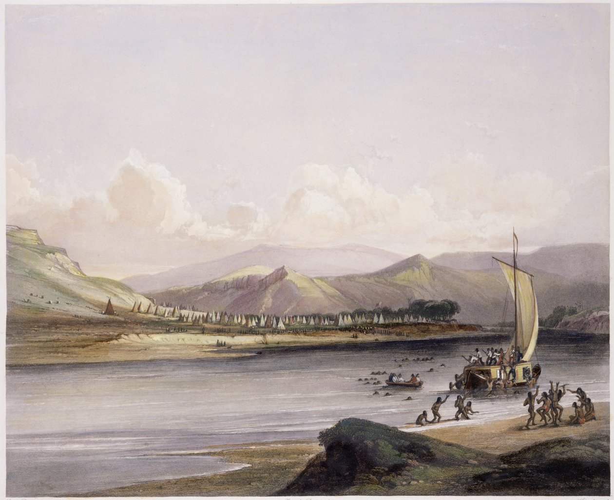 Obóz Gros Ventres of the Prairies w Upper Missouri, tablica 38 z tomu 2 „Podróże we wnętrzu Ameryki Północnej”, ryty przez Sigismonda Himely (1801-72) 1844 (akwatinta) autorstwa Karl Bodmer