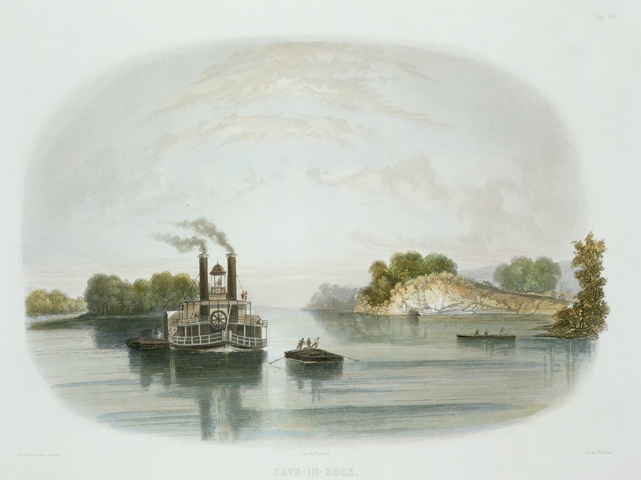 Cave-in-Rock, widok na Ohio, tablica 7 z tomu 1 "Podróży w głąb Ameryki Północnej", rytowana przez Lucasa Webera, 1843 (akwatinta) autorstwa Karl Bodmer