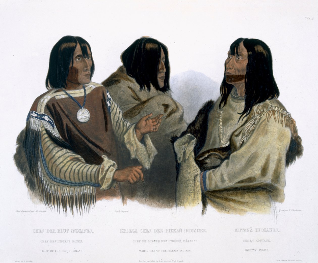 Wódz Indian Krwi, Wódz Wojenny Indian Piekann i Indianin Koutani, tablica 46 z tomu 2 „Podróże we wnętrzu Ameryki Północnej”, rytowana przez J. Hurlimanna, 1844 (akwatinta) autorstwa Karl Bodmer