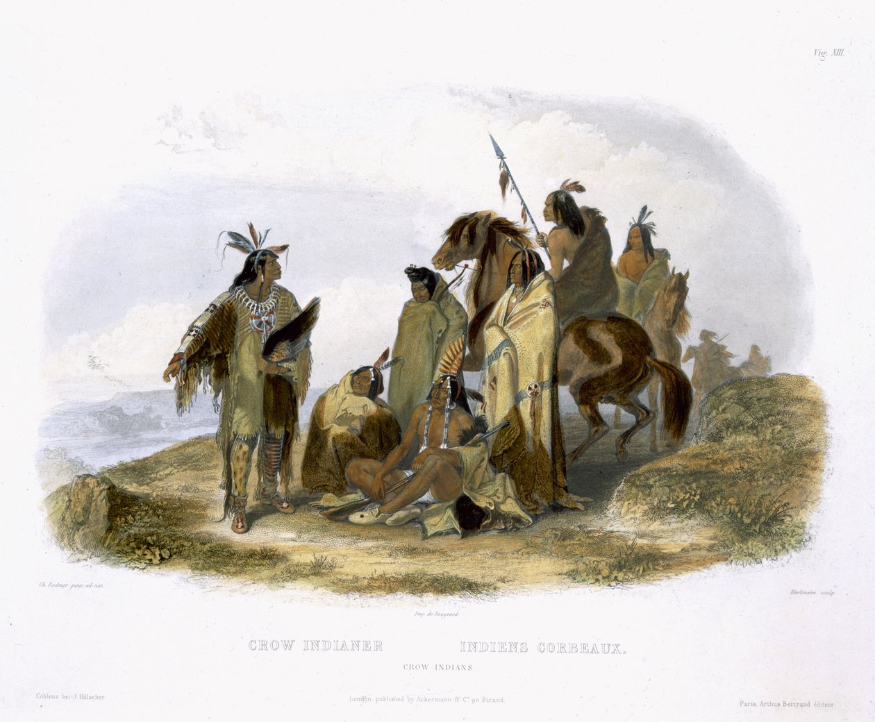Indianie Crow, tablica 13 z tomu 1 "Podróży w głąb Ameryki Północnej", wyryta przez J. Hurlimanna, 1843 (akwatinta) autorstwa Karl Bodmer