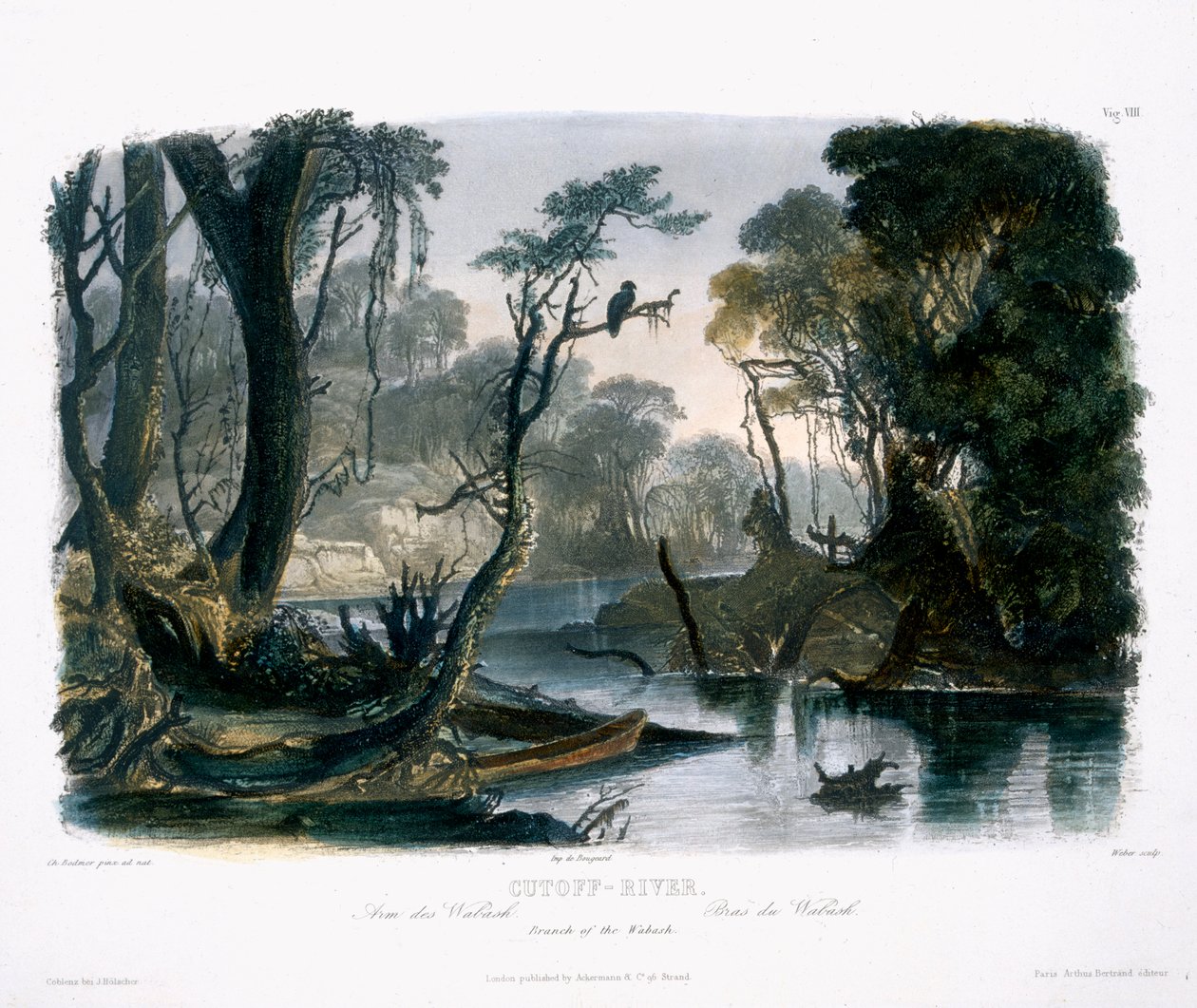 Rzeka Cutoff, odnoga rzeki Wabash, tablica 8 z tomu 1 "Podróży w głąb Ameryki Północnej", wyryta przez Lucasa Webera, 1843 (akwatinta) autorstwa Karl Bodmer