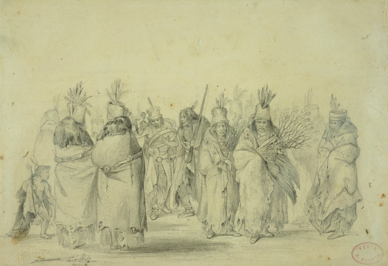 Taniec kobiet Mandan, ok. 1833-43 (ołówek, długopis i wc na papierze) autorstwa Karl Bodmer
